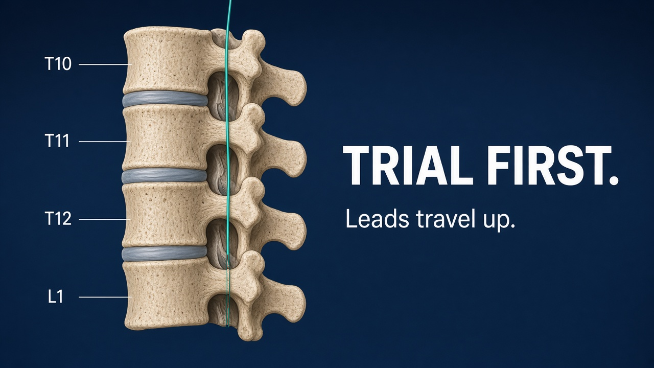 Spinal cord stimulator trial leads entering at T12-L1 and traveling upward