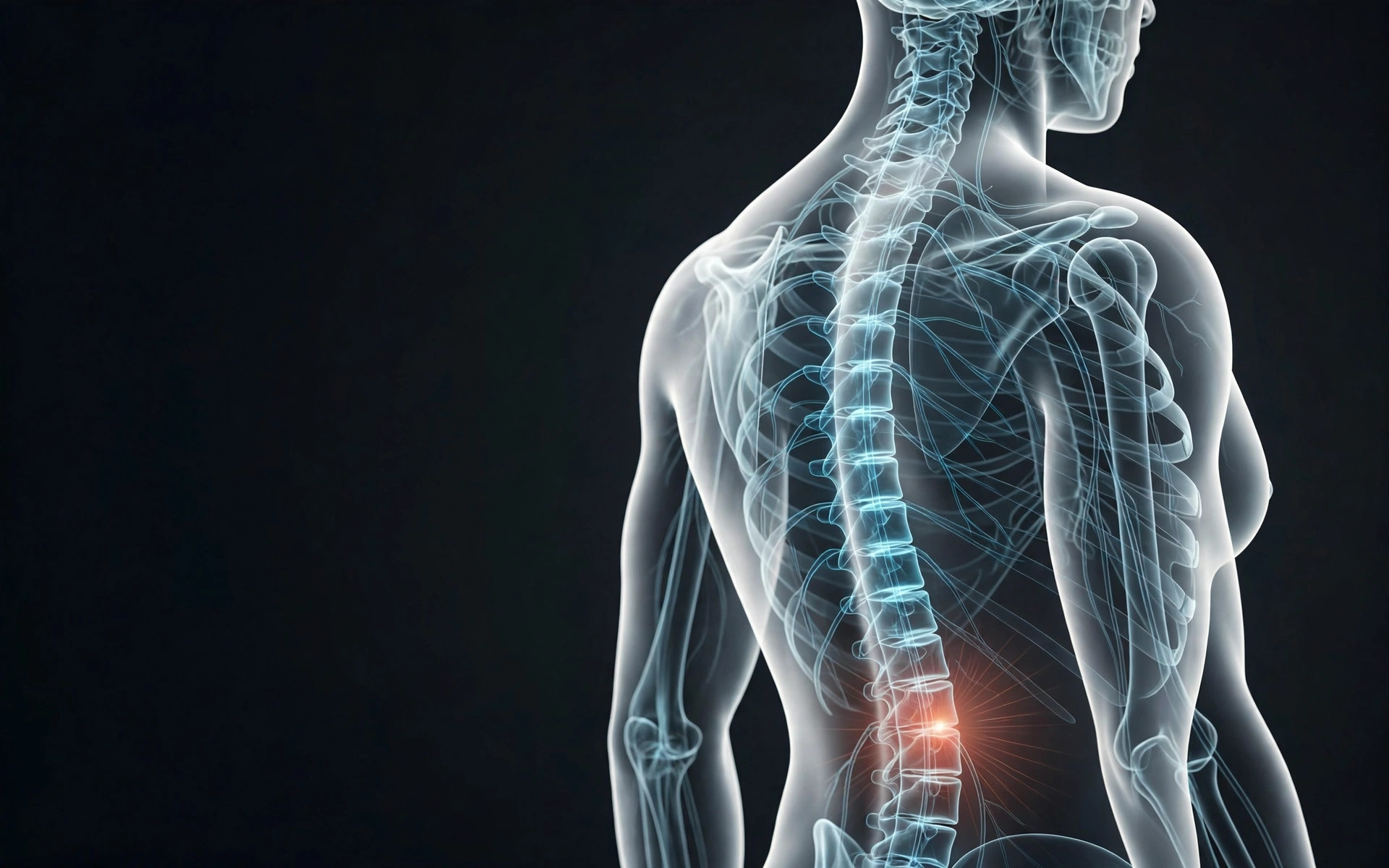 Medical illustration showing the spine and nerve pathways with a highlighted lower-back pain point