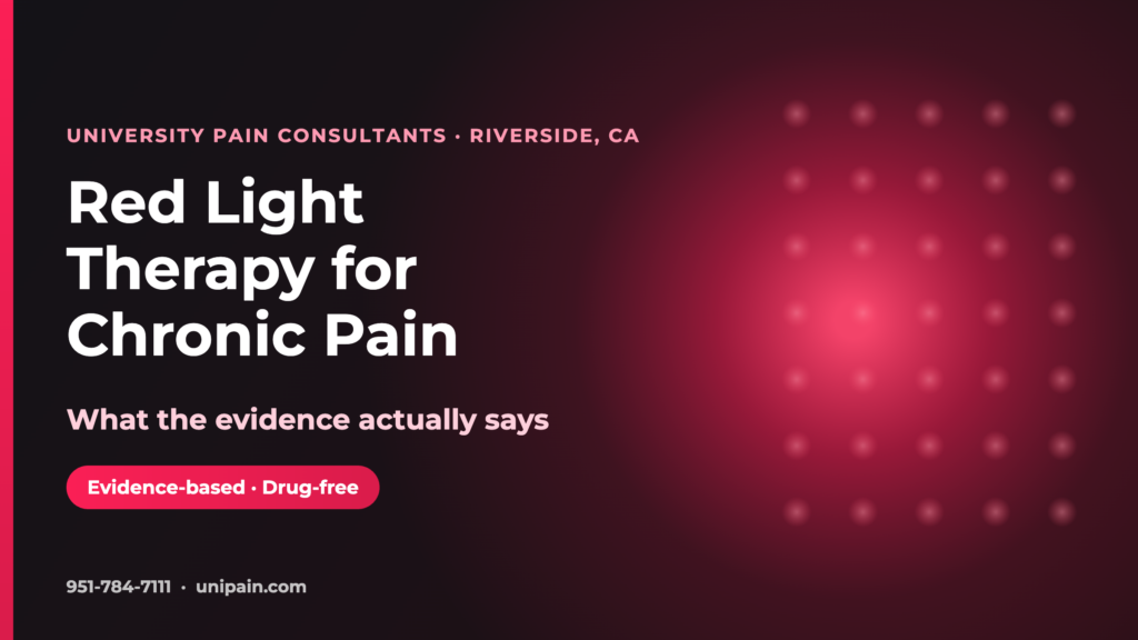 Patient receiving red light therapy (photobiomodulation) for chronic pain at University Pain Consultants, Riverside CA