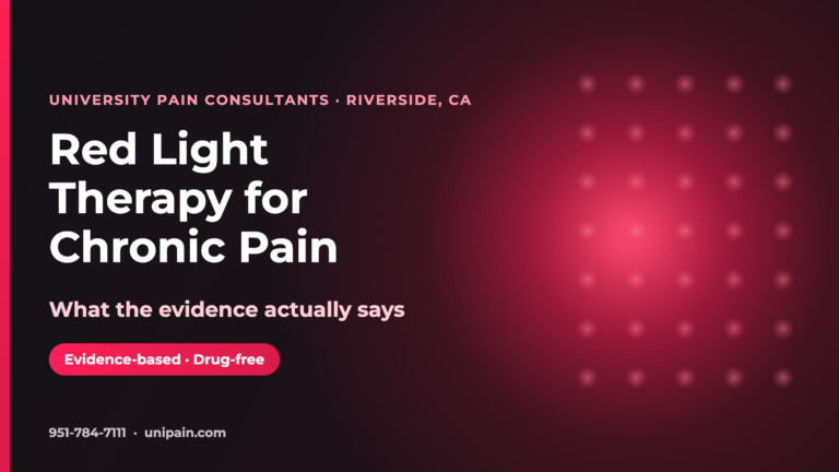 Patient receiving red light therapy (photobiomodulation) for chronic pain at University Pain Consultants, Riverside CA