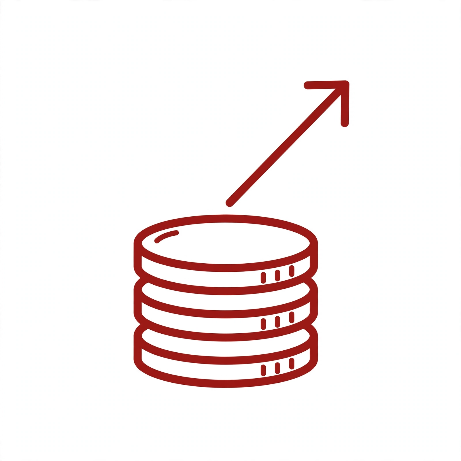 Red line icon of a rising bar chart on coins, representing competitive compensation