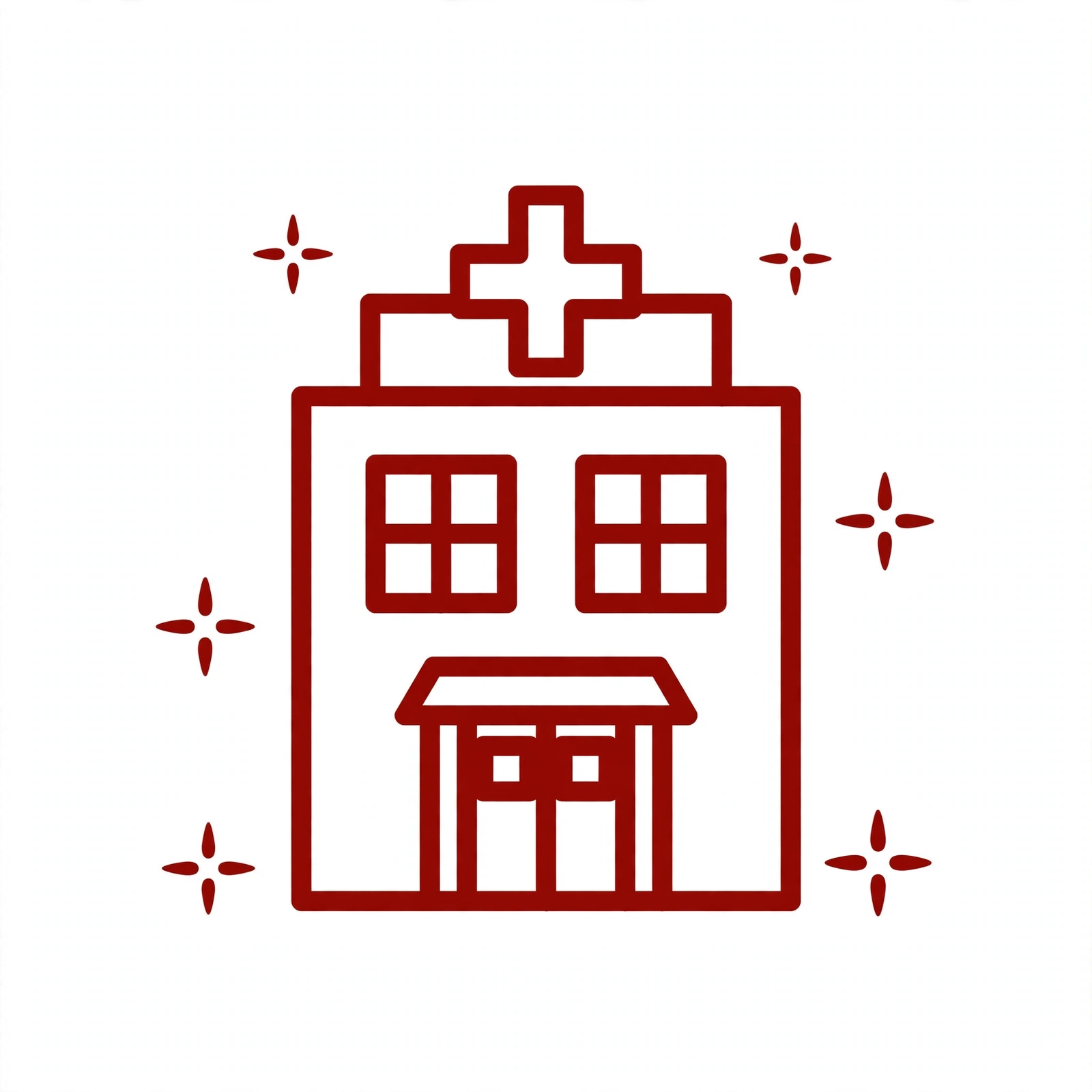 Red line icon of a hospital building with a medical cross, representing state-of-the-art facilities
