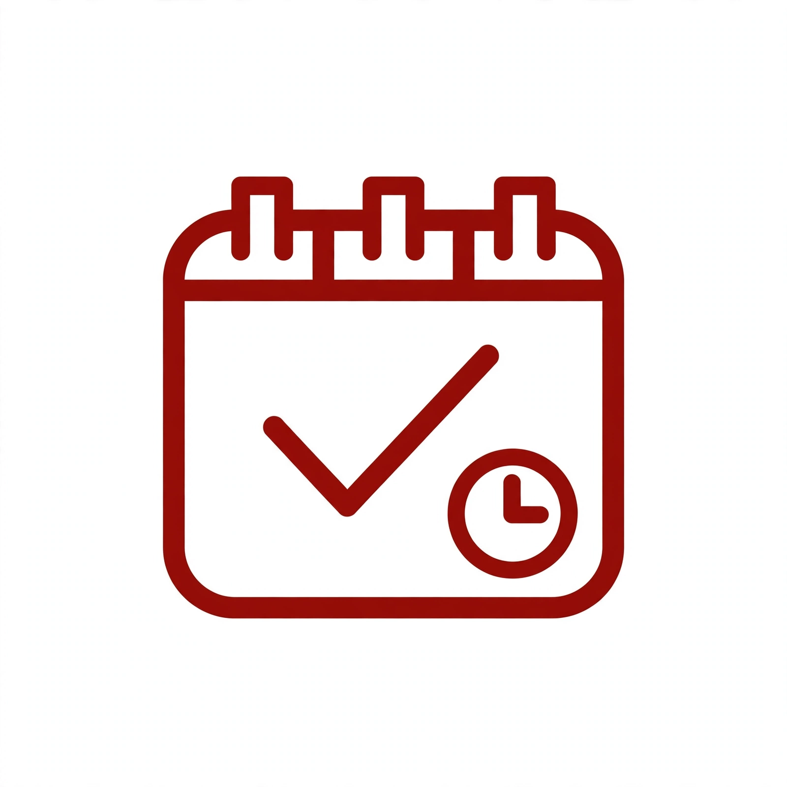 Red line icon of a calendar with a checkmark, representing flexible scheduling