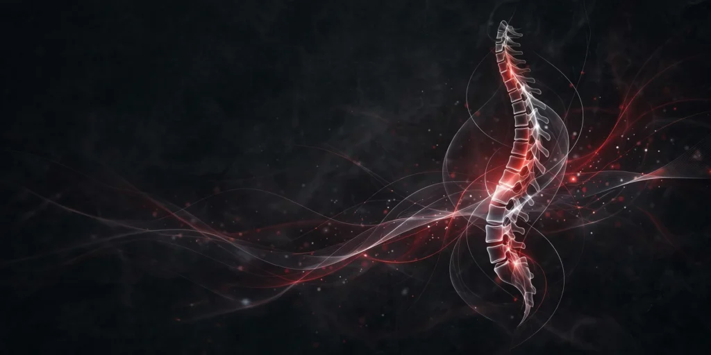 Abstract glowing spine artwork on a dark background